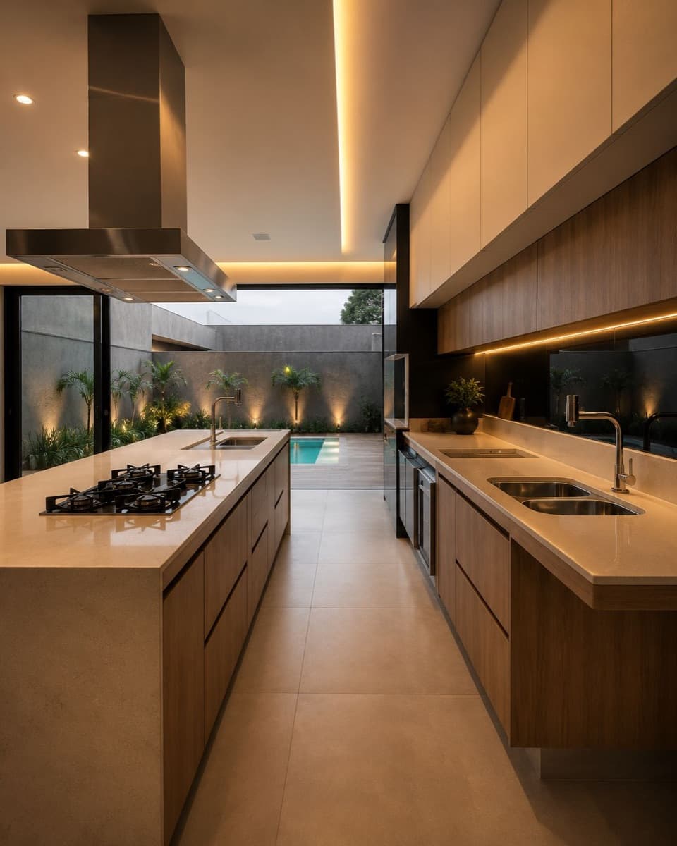 Cozinha contemporânea com ilha e vista para piscina ao entardecer