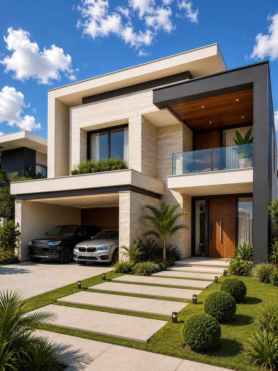 Fachada residencial diurna com garagem coberta e céu azul